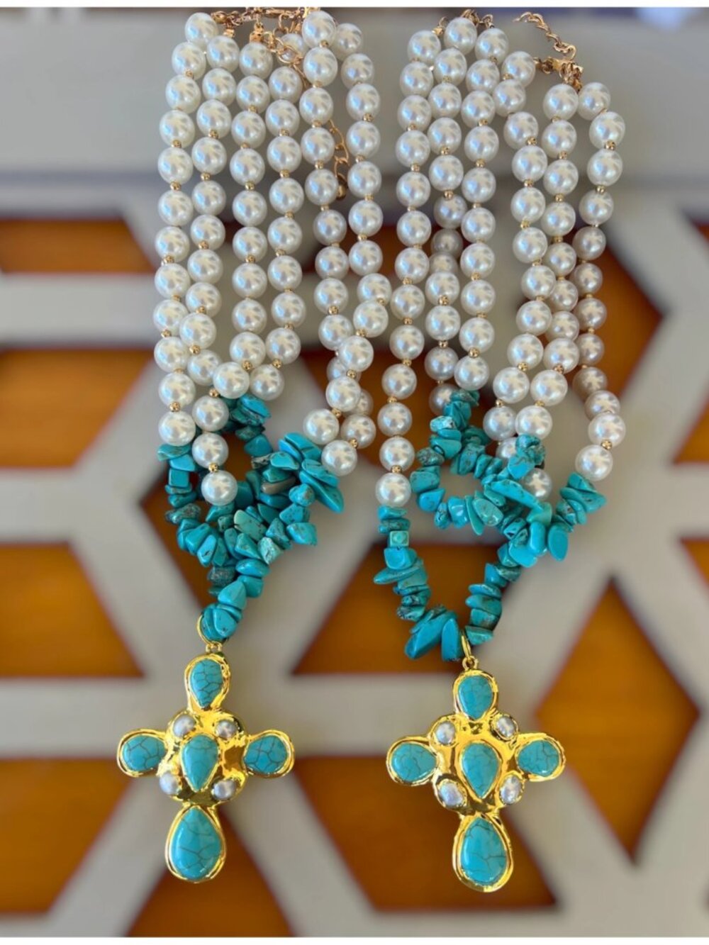 Turquoise Cross Pearl Necklace NWT